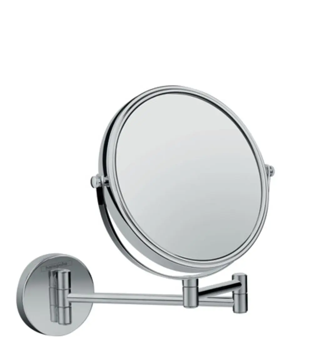 Spiegel mit verstellbarem Arm, an der Wand montiert. Chromfinish von Hansgrohe, rund und schlicht im Design. Ideal für den Einsatz im Badezimmer.